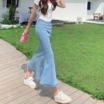 Denim Mermaid Skirt Women's High Waist Slim A-line Elastic Mid-Length Hip Skirt hanya RM27.90 di Shopee