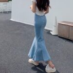 Denim Mermaid Skirt Women's High Waist Slim A-line Elastic Mid-Length Hip Skirt hanya RM27.90 di Shopee