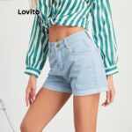Lovito Casual Denim Basic Pocket Roll Up Pambahay Women Shorts L10960 (Light Blue/Dark Blue/White) hanya RM22.61 di Shopee