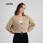 Lovito Casual Plain Long Sleeve Button Sweater Knitted Cardigan for Woman L21LT091 (Khaki/White) hanya RM24.21 di Shopee
