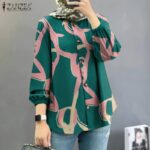 ZANZEA Women Muslim Fashion Long Sleeves Puff Sleeves Round Neck Printing Shirts hanya RM29.00 di Shopee