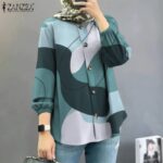 ZANZEA Women Muslim Fashion Puff Sleeves Long Sleeves Round Neck Printing Shirts hanya RM28.00 di Shopee
